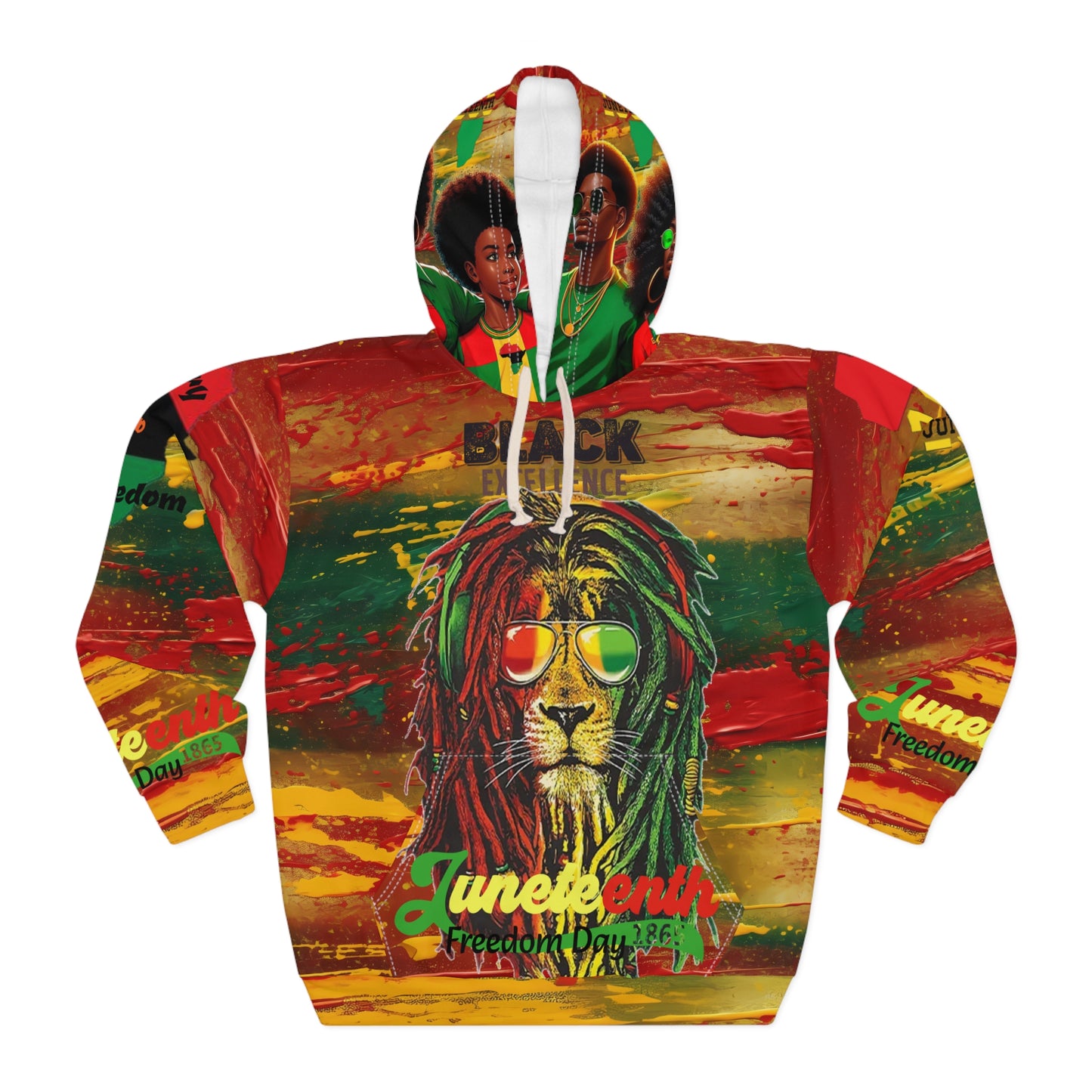 Juneteenth Lion, Unisex, White Sleeve, Pullover Hoodie (AOP)